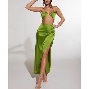 Justina Tie Backless O-Ring Crop Satin Halter Top & Wrap Hem Skirt